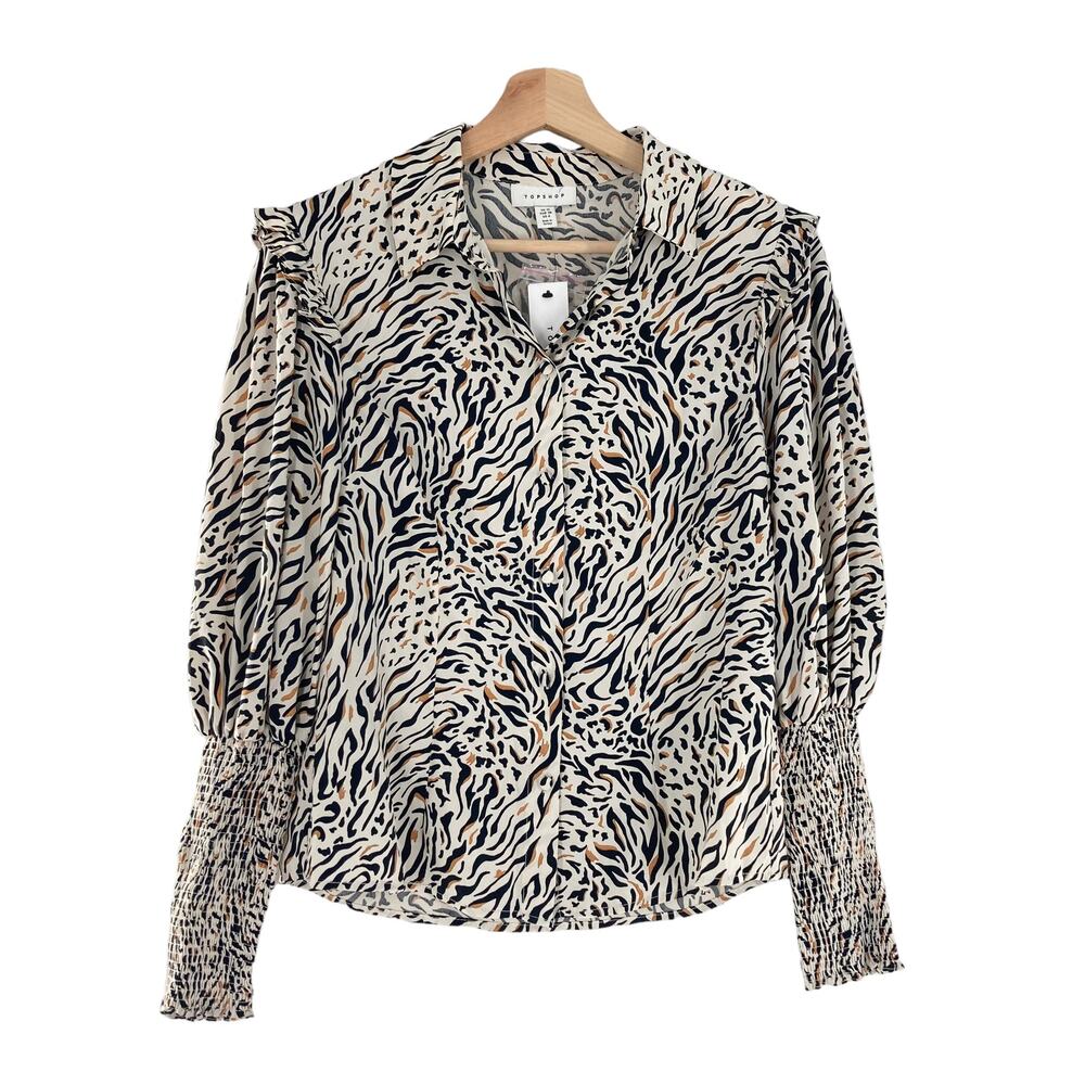 Topshop Animal Print Ruffle Blouse Button Long Sleeve